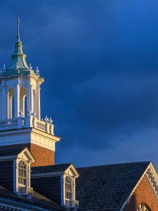 The top of a building on the Johns Hopkins University Homewood campus.