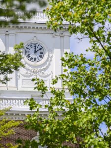 A clock tower on the Johns Hopkins University Homewood campus.